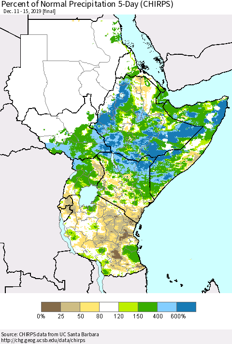 Eastern Africa Percent of Normal Precipitation 5-Day (CHIRPS) Thematic Map For 12/11/2019 - 12/15/2019