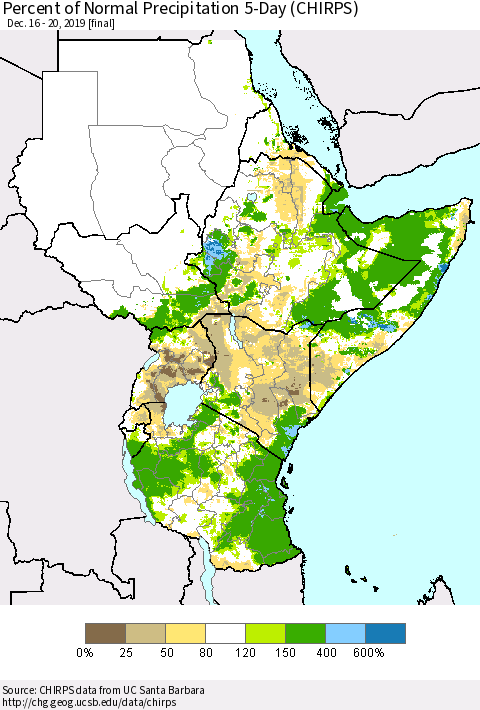 Eastern Africa Percent of Normal Precipitation 5-Day (CHIRPS) Thematic Map For 12/16/2019 - 12/20/2019
