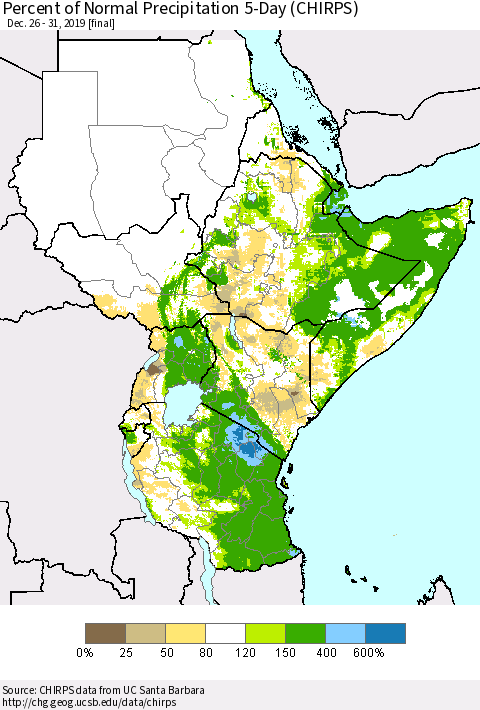 Eastern Africa Percent of Normal Precipitation 5-Day (CHIRPS) Thematic Map For 12/26/2019 - 12/31/2019
