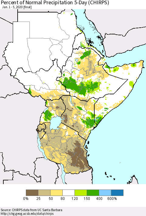 Eastern Africa Percent of Normal Precipitation 5-Day (CHIRPS) Thematic Map For 1/1/2020 - 1/5/2020