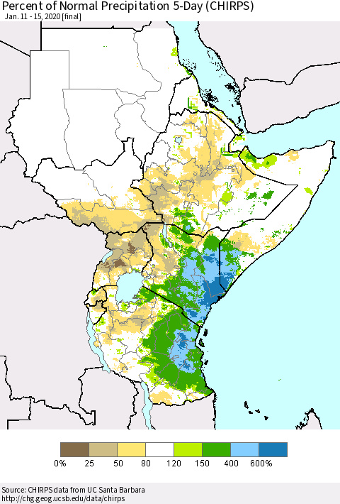 Eastern Africa Percent of Normal Precipitation 5-Day (CHIRPS) Thematic Map For 1/11/2020 - 1/15/2020