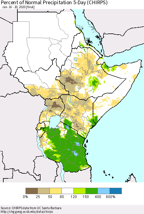 Eastern Africa Percent of Normal Precipitation 5-Day (CHIRPS) Thematic Map For 1/16/2020 - 1/20/2020