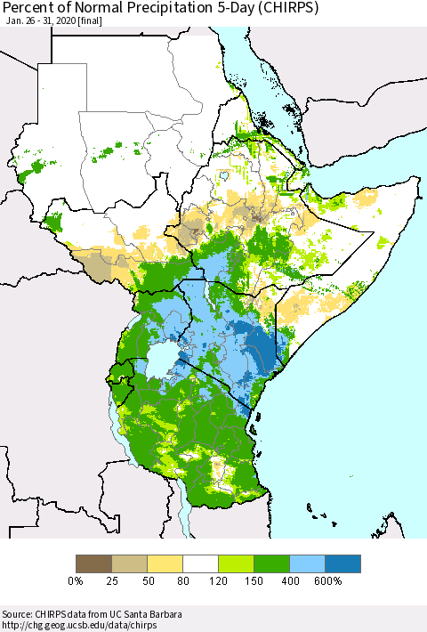 Eastern Africa Percent of Normal Precipitation 5-Day (CHIRPS) Thematic Map For 1/26/2020 - 1/31/2020