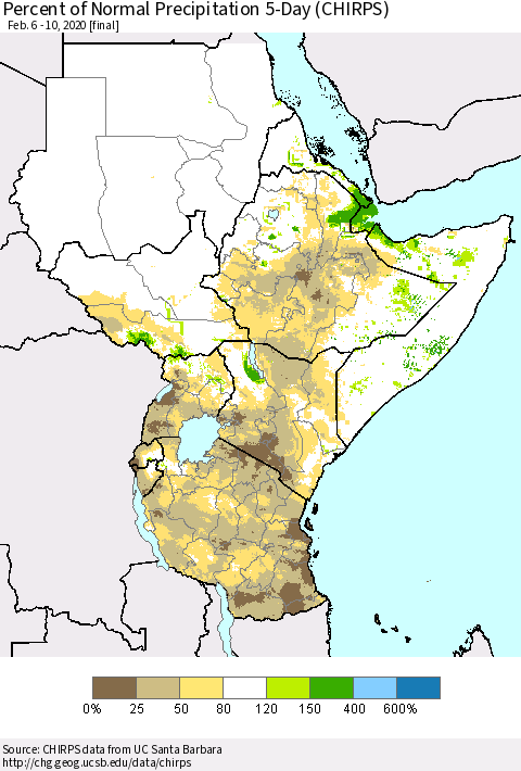 Eastern Africa Percent of Normal Precipitation 5-Day (CHIRPS) Thematic Map For 2/6/2020 - 2/10/2020