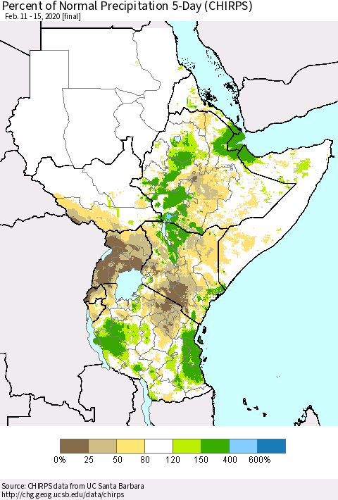 Eastern Africa Percent of Normal Precipitation 5-Day (CHIRPS) Thematic Map For 2/11/2020 - 2/15/2020