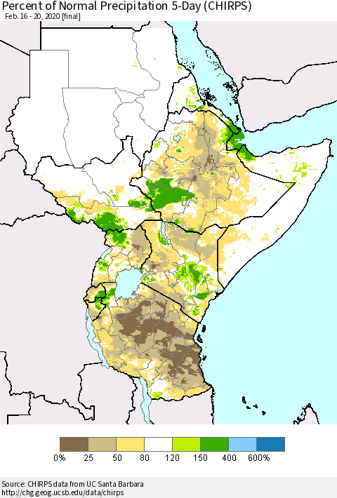 Eastern Africa Percent of Normal Precipitation 5-Day (CHIRPS) Thematic Map For 2/16/2020 - 2/20/2020