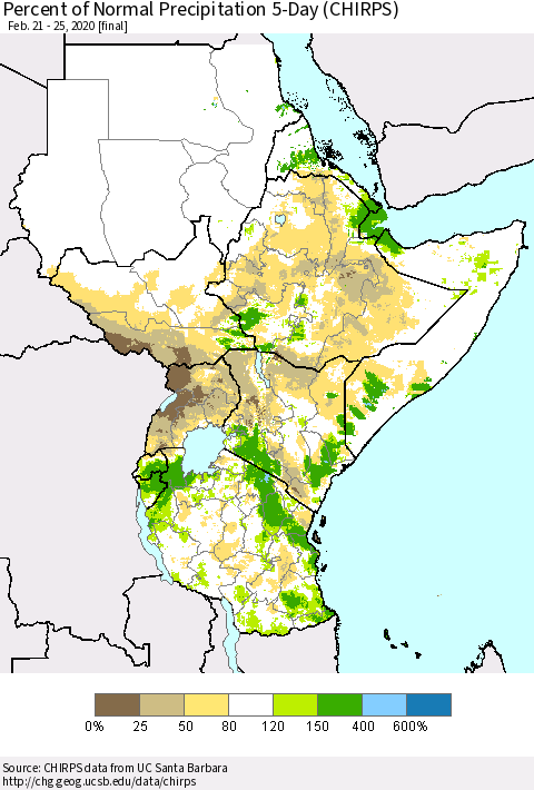 Eastern Africa Percent of Normal Precipitation 5-Day (CHIRPS) Thematic Map For 2/21/2020 - 2/25/2020