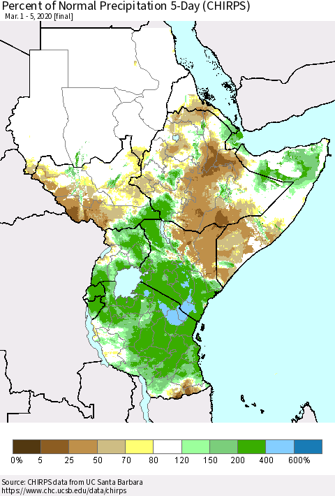 Eastern Africa Percent of Normal Precipitation 5-Day (CHIRPS) Thematic Map For 3/1/2020 - 3/5/2020