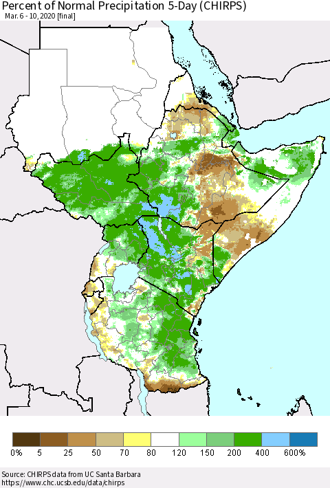 Eastern Africa Percent of Normal Precipitation 5-Day (CHIRPS) Thematic Map For 3/6/2020 - 3/10/2020
