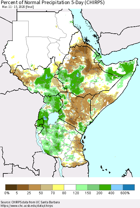 Eastern Africa Percent of Normal Precipitation 5-Day (CHIRPS) Thematic Map For 3/11/2020 - 3/15/2020