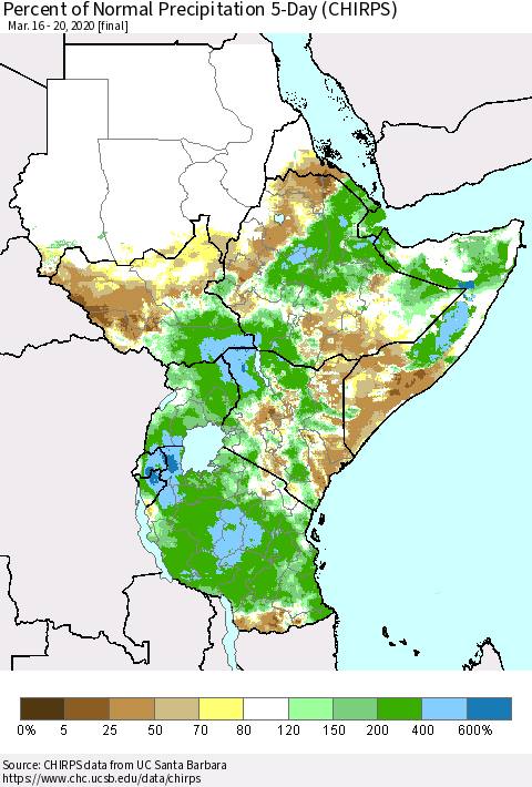 Eastern Africa Percent of Normal Precipitation 5-Day (CHIRPS) Thematic Map For 3/16/2020 - 3/20/2020