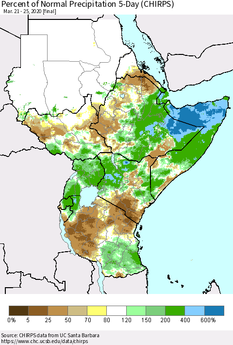 Eastern Africa Percent of Normal Precipitation 5-Day (CHIRPS) Thematic Map For 3/21/2020 - 3/25/2020
