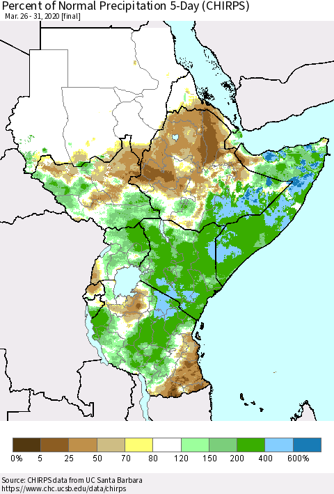 Eastern Africa Percent of Normal Precipitation 5-Day (CHIRPS) Thematic Map For 3/26/2020 - 3/31/2020