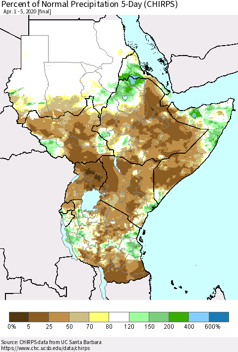 Eastern Africa Percent of Normal Precipitation 5-Day (CHIRPS) Thematic Map For 4/1/2020 - 4/5/2020