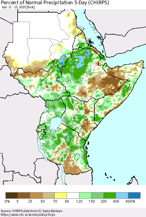 Eastern Africa Percent of Normal Precipitation 5-Day (CHIRPS) Thematic Map For 4/11/2020 - 4/15/2020