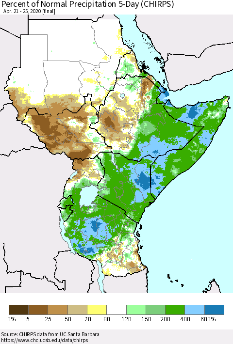 Eastern Africa Percent of Normal Precipitation 5-Day (CHIRPS) Thematic Map For 4/21/2020 - 4/25/2020