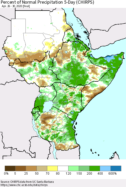 Eastern Africa Percent of Normal Precipitation 5-Day (CHIRPS) Thematic Map For 4/26/2020 - 4/30/2020