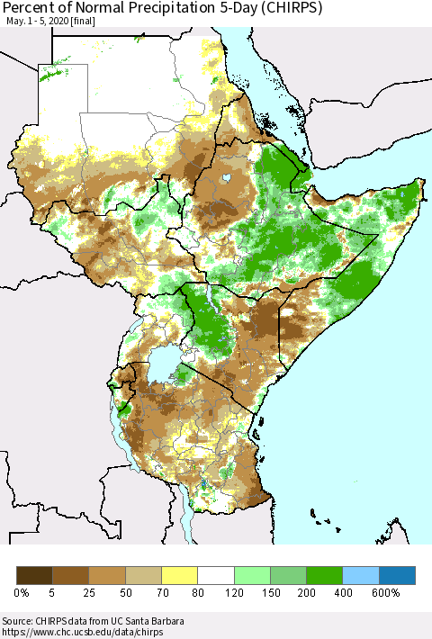 Eastern Africa Percent of Normal Precipitation 5-Day (CHIRPS) Thematic Map For 5/1/2020 - 5/5/2020