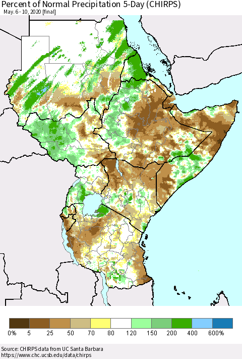 Eastern Africa Percent of Normal Precipitation 5-Day (CHIRPS) Thematic Map For 5/6/2020 - 5/10/2020