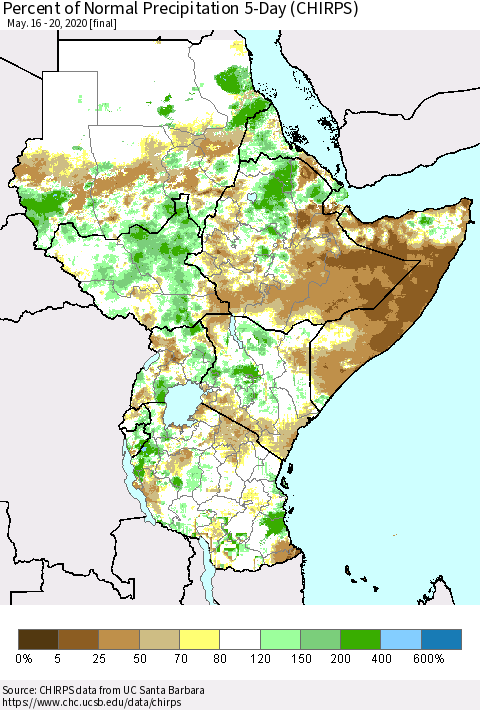 Eastern Africa Percent of Normal Precipitation 5-Day (CHIRPS) Thematic Map For 5/16/2020 - 5/20/2020