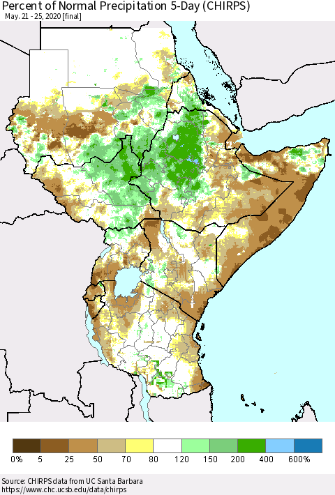 Eastern Africa Percent of Normal Precipitation 5-Day (CHIRPS) Thematic Map For 5/21/2020 - 5/25/2020