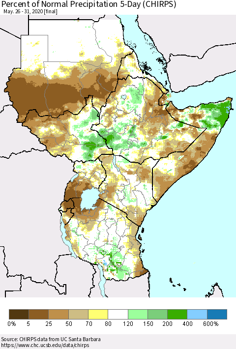 Eastern Africa Percent of Normal Precipitation 5-Day (CHIRPS) Thematic Map For 5/26/2020 - 5/31/2020
