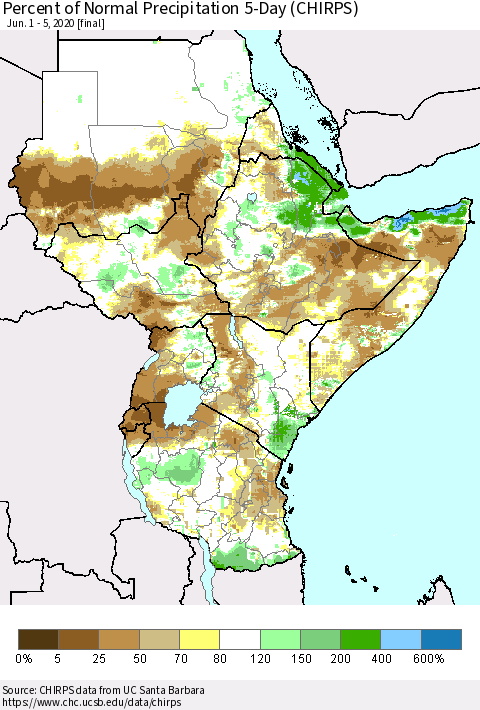 Eastern Africa Percent of Normal Precipitation 5-Day (CHIRPS) Thematic Map For 6/1/2020 - 6/5/2020