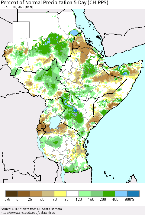 Eastern Africa Percent of Normal Precipitation 5-Day (CHIRPS) Thematic Map For 6/6/2020 - 6/10/2020