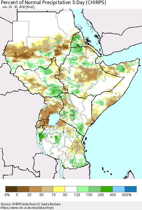 Eastern Africa Percent of Normal Precipitation 5-Day (CHIRPS) Thematic Map For 6/16/2020 - 6/20/2020