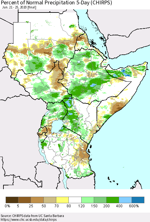 Eastern Africa Percent of Normal Precipitation 5-Day (CHIRPS) Thematic Map For 6/21/2020 - 6/25/2020