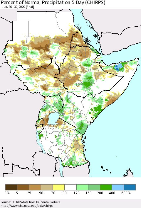 Eastern Africa Percent of Normal Precipitation 5-Day (CHIRPS) Thematic Map For 6/26/2020 - 6/30/2020