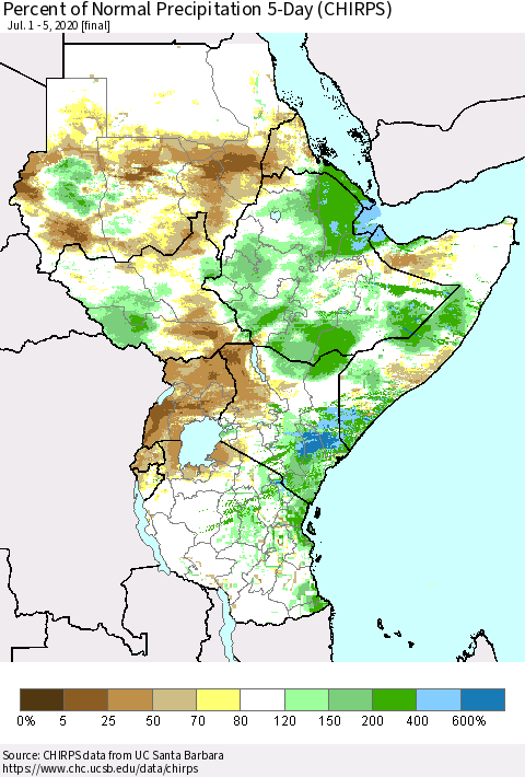Eastern Africa Percent of Normal Precipitation 5-Day (CHIRPS) Thematic Map For 7/1/2020 - 7/5/2020