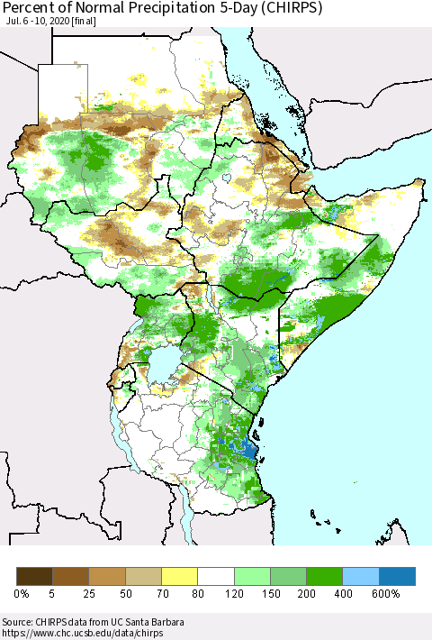 Eastern Africa Percent of Normal Precipitation 5-Day (CHIRPS) Thematic Map For 7/6/2020 - 7/10/2020