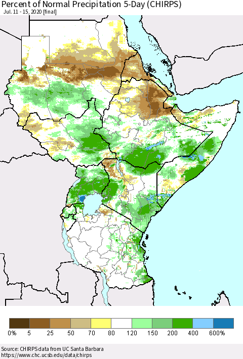 Eastern Africa Percent of Normal Precipitation 5-Day (CHIRPS) Thematic Map For 7/11/2020 - 7/15/2020