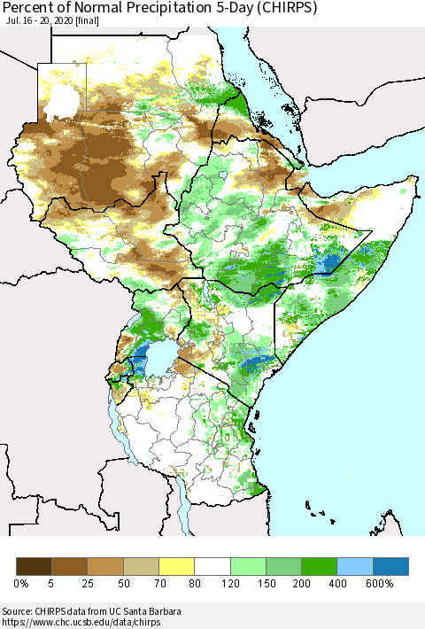 Eastern Africa Percent of Normal Precipitation 5-Day (CHIRPS) Thematic Map For 7/16/2020 - 7/20/2020