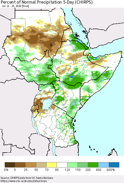 Eastern Africa Percent of Normal Precipitation 5-Day (CHIRPS) Thematic Map For 7/21/2020 - 7/25/2020