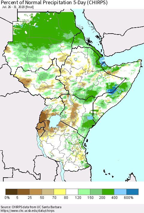 Eastern Africa Percent of Normal Precipitation 5-Day (CHIRPS) Thematic Map For 7/26/2020 - 7/31/2020