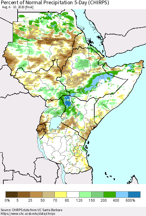 Eastern Africa Percent of Normal Precipitation 5-Day (CHIRPS) Thematic Map For 8/6/2020 - 8/10/2020