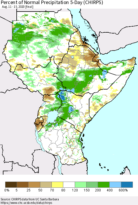 Eastern Africa Percent of Normal Precipitation 5-Day (CHIRPS) Thematic Map For 8/11/2020 - 8/15/2020
