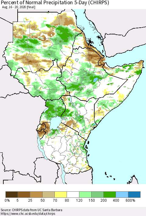 Eastern Africa Percent of Normal Precipitation 5-Day (CHIRPS) Thematic Map For 8/16/2020 - 8/20/2020