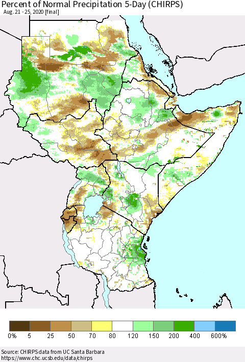 Eastern Africa Percent of Normal Precipitation 5-Day (CHIRPS) Thematic Map For 8/21/2020 - 8/25/2020