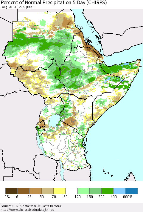 Eastern Africa Percent of Normal Precipitation 5-Day (CHIRPS) Thematic Map For 8/26/2020 - 8/31/2020
