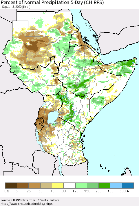 Eastern Africa Percent of Normal Precipitation 5-Day (CHIRPS) Thematic Map For 9/1/2020 - 9/5/2020