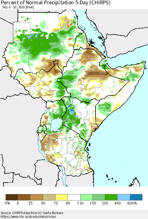 Eastern Africa Percent of Normal Precipitation 5-Day (CHIRPS) Thematic Map For 9/6/2020 - 9/10/2020