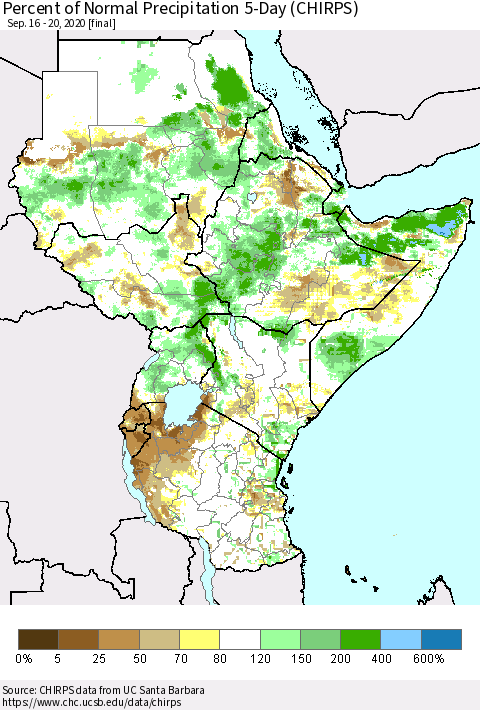 Eastern Africa Percent of Normal Precipitation 5-Day (CHIRPS) Thematic Map For 9/16/2020 - 9/20/2020