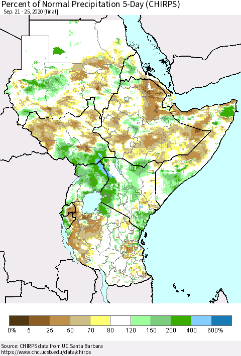 Eastern Africa Percent of Normal Precipitation 5-Day (CHIRPS) Thematic Map For 9/21/2020 - 9/25/2020