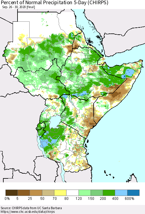 Eastern Africa Percent of Normal Precipitation 5-Day (CHIRPS) Thematic Map For 9/26/2020 - 9/30/2020