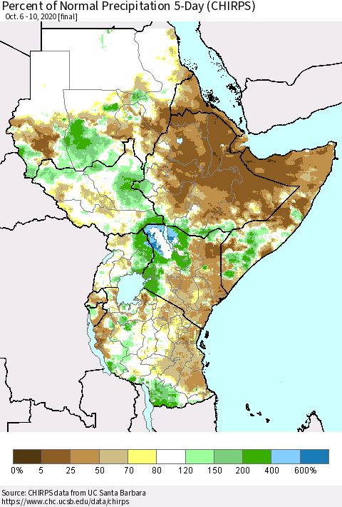 Eastern Africa Percent of Normal Precipitation 5-Day (CHIRPS) Thematic Map For 10/6/2020 - 10/10/2020