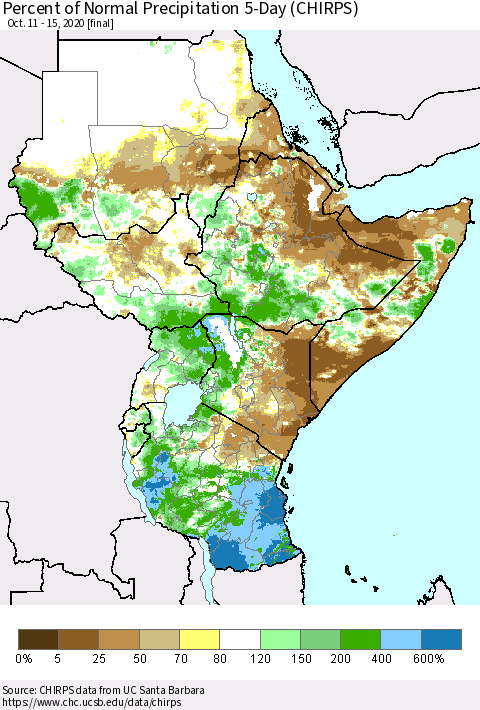Eastern Africa Percent of Normal Precipitation 5-Day (CHIRPS) Thematic Map For 10/11/2020 - 10/15/2020