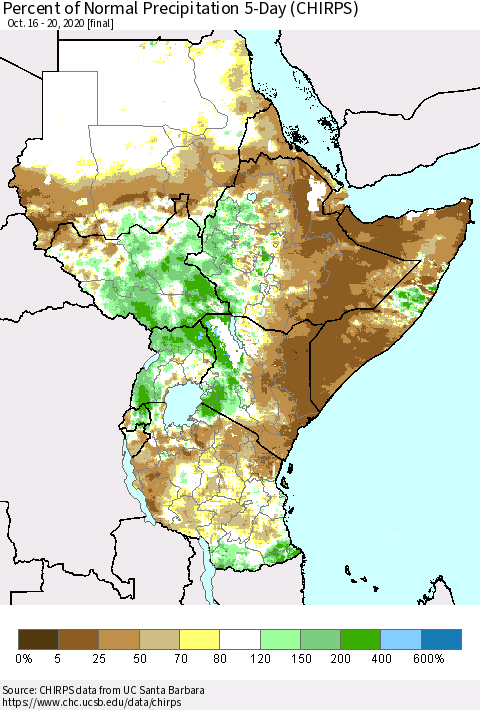 Eastern Africa Percent of Normal Precipitation 5-Day (CHIRPS) Thematic Map For 10/16/2020 - 10/20/2020